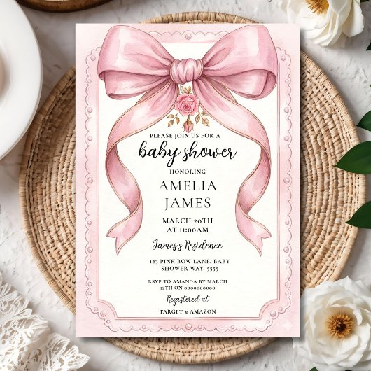 Blush Pink Bow Baby Shower Invitation Editable Ele Kaart