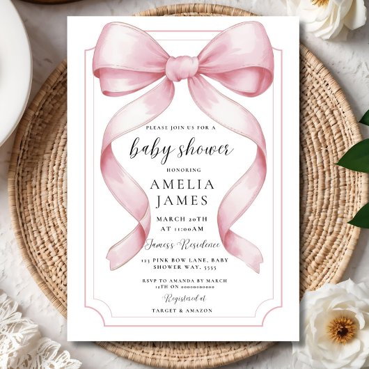 Blush Pink Bow Baby Shower Invitation Editable Ele Kaart