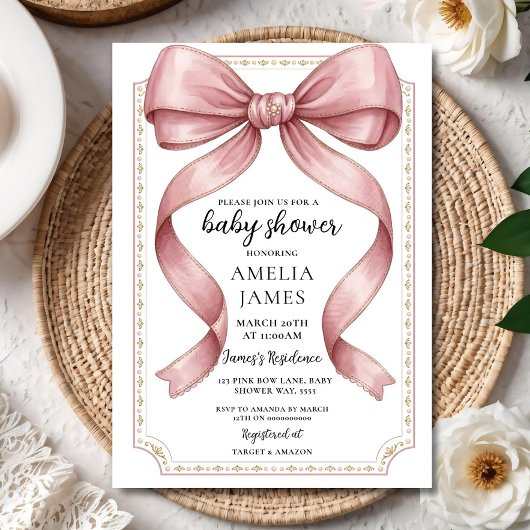 Blush Pink Bow Baby Shower Invitation Editable Ele Kaart