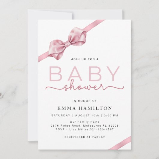 Blush Pink Bow Baby shower Invitation – Elegant Co Kaart (Voorkant)
