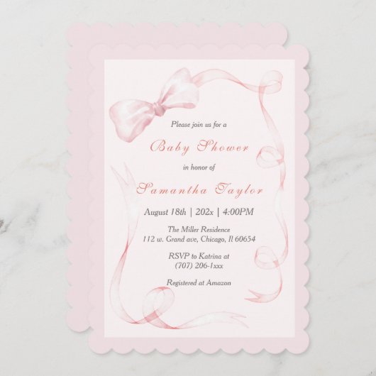 Blush Pink Bow Baby shower Uitnodiging (Voorkant / Achterkant)