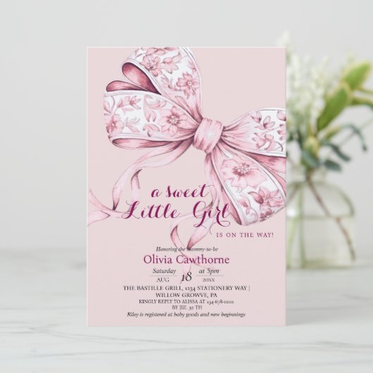Blush Pink Bow Baby shower Uitnodiging (Staand voorkant)