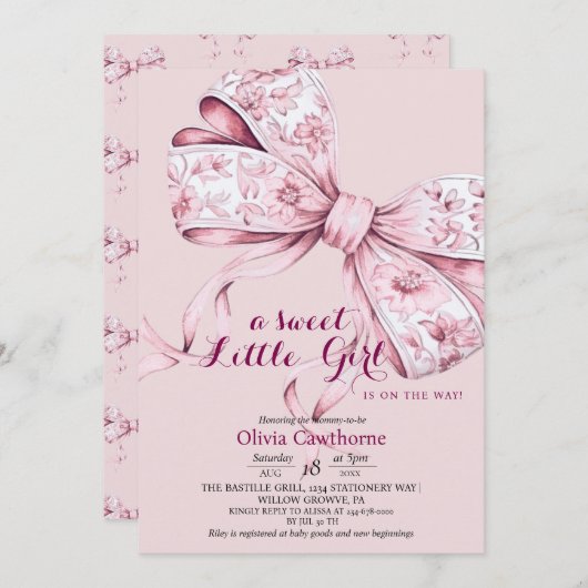 Blush Pink Bow Baby shower Uitnodiging (Voorkant / Achterkant)