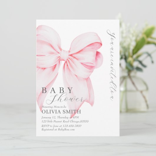 Blush Pink Bow Baby shower Uitnodiging (Staand voorkant)