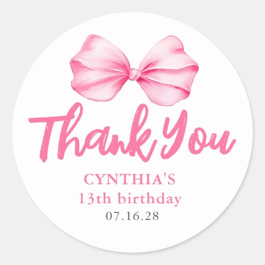 Blush Pink Bow Birthday Favors Thank You  Ronde Sticker (Voorkant)