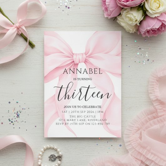 Blush Pink Bow Birthday Invitation Kaart