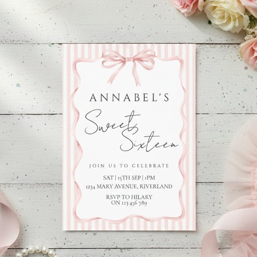 Blush Pink Bow Birthday Invitation Kaart