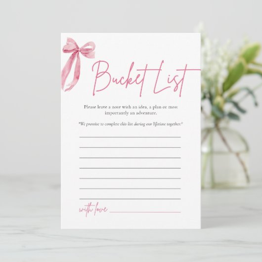 Blush Pink Bow Bucket List Vrijgezellenfeest spel Kaart (Staand voorkant)
