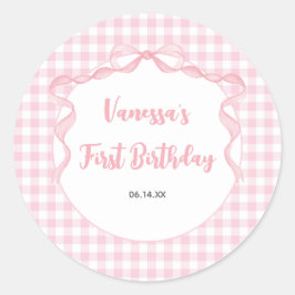 Blush Pink Bow Coquette 1e verjaardag Ronde Sticker