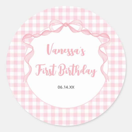 Blush Pink Bow Coquette 1e verjaardag Ronde Sticker (Voorkant)