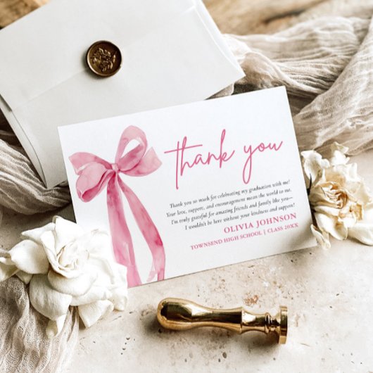 Blush Pink Bow Coquette Afstuderen Dank u kaart