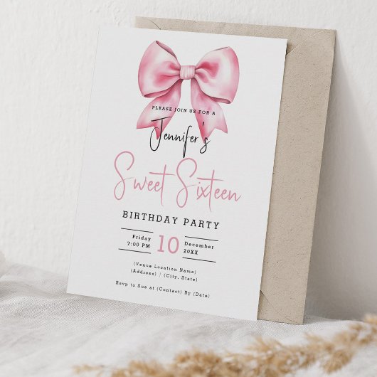 Blush Pink Bow Coquette Schattige Script Sweet 16 Kaart
