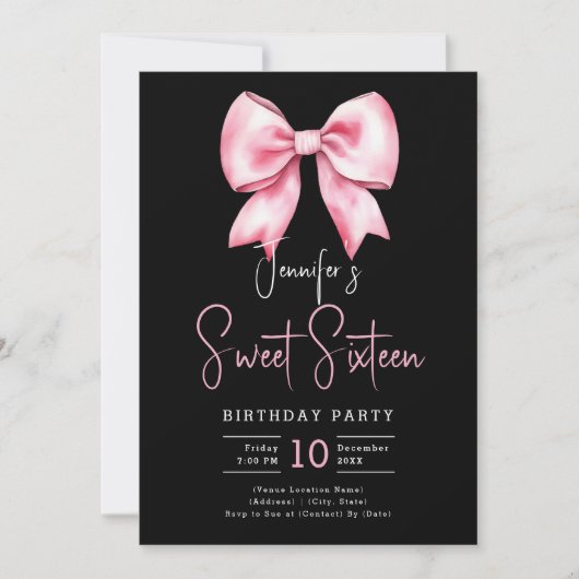 Blush Pink Bow Coquette Script Sweet 16 Black Kaart (Voorkant)