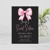 Blush Pink Bow Coquette Script Sweet 16 Black Kaart (Staand voorkant)