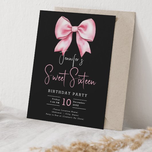 Blush Pink Bow Coquette Script Sweet 16 Black Kaart