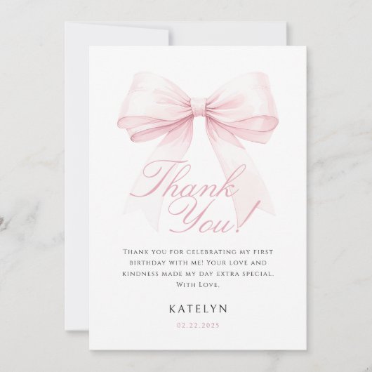 Blush Pink Bow eerste verjaardag bedankkaart (Voorkant)