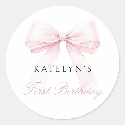 Blush Pink Bow eerste verjaardag Ronde Sticker (Voorkant)