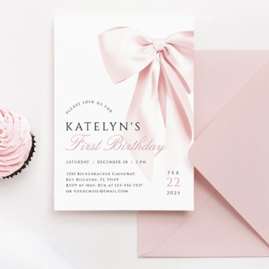 Blush Pink Bow eerste verjaardag uitnodiging