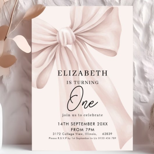 Blush Pink Bow Elegant eerste verjaardagsfeestje Kaart