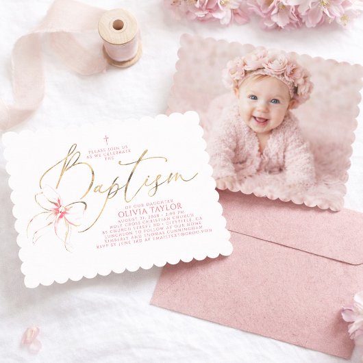 Blush Pink Bow Elegant Girl Baptism PHOTO Kaart