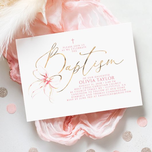 Blush Pink Bow Elegant Minimalist Girl Baptism Kaart