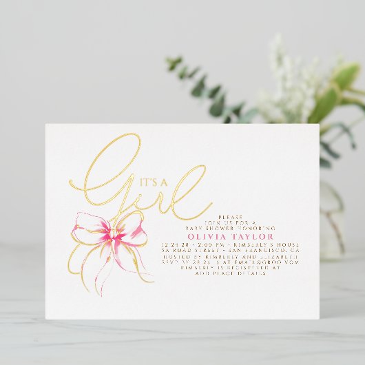 Blush Pink Bow Elegant Modern Girl Baby Shower Folie Uitnodiging (Staand Voorkant)