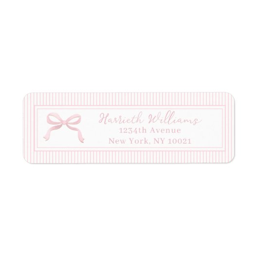 Blush Pink Bow en Stripes Border Retouradres Etiket (Voorkant)