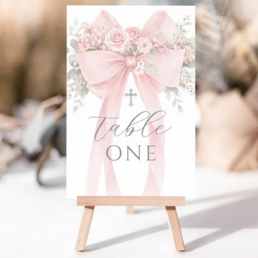Blush Pink Bow Floral Baptism Table Number Kaart
