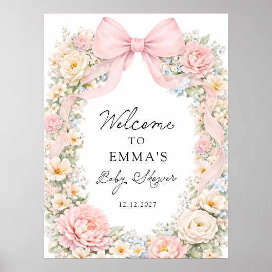 Blush Pink Bow Floral Coquette Baby Shower Welcome Poster (Voorkant)