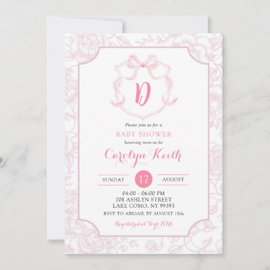 Blush Pink Bow Floral Waterverf Crest Baby shower Kaart (Voorkant)