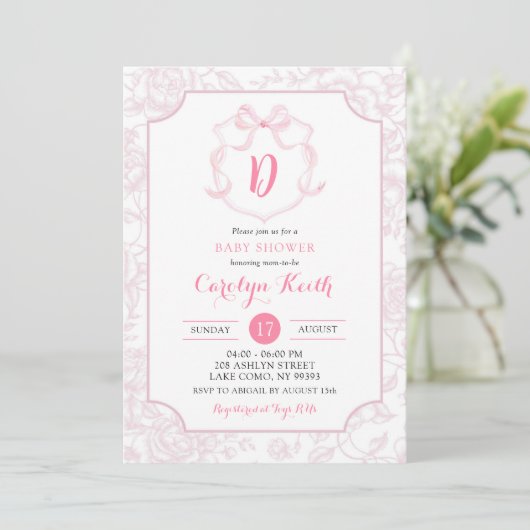 Blush Pink Bow Floral Waterverf Crest Baby shower Kaart (Staand voorkant)