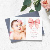 Blush Pink Bow Foto Eerste Verjaardag Uitnodiging