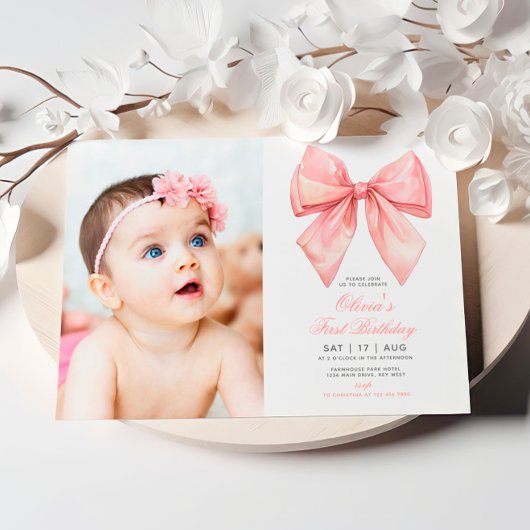 Blush Pink Bow Foto Eerste Verjaardag Uitnodiging