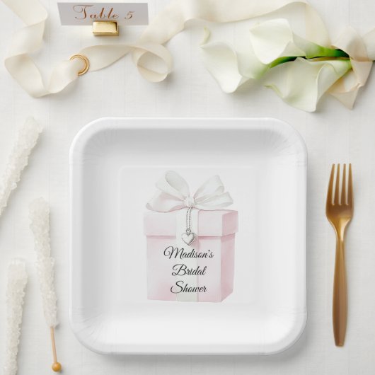 Blush Pink Bow Gift Hart Charm Vrijgezellenfeest Papieren Bordje (Huwelijk)