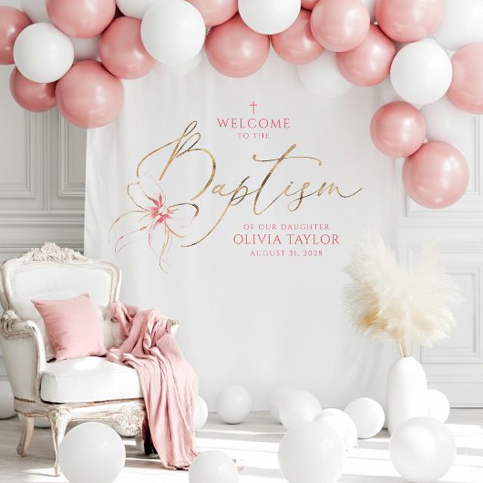 Blush Pink Bow Girl Baptism Photo Backdrop Welcome Wandkleed