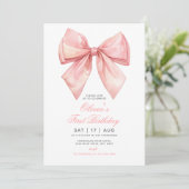 Blush Pink Bow Girl Eerste Verjaardag Uitnodiging (Staand voorkant)