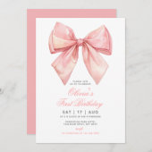 Blush Pink Bow Girl Eerste Verjaardag Uitnodiging (Voorkant / Achterkant)