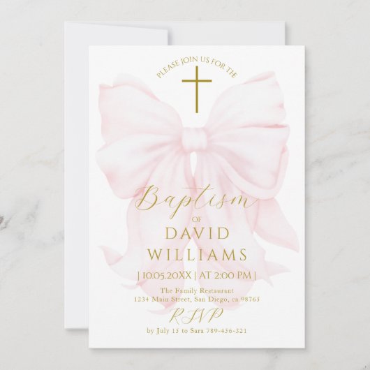 Blush Pink Bow Girls Baptism Elegant Digital Kaart (Voorkant)