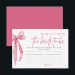 Blush Pink Bow Hoe oud was de bruid om het spel te Kaart<br><div class="desc">De "Blush Pink Bow: She's Tying the Knot" How Old Was The Bride-To-Be Game is een leuke en boeiende activiteit voor gasten om de leeftijd van de aanstaande bruid te raden in verschillende foto's. Foto's van de bruid op verschillende leeftijden worden getoond, en gasten schrijven hun gissingen van hoe oud...</div>