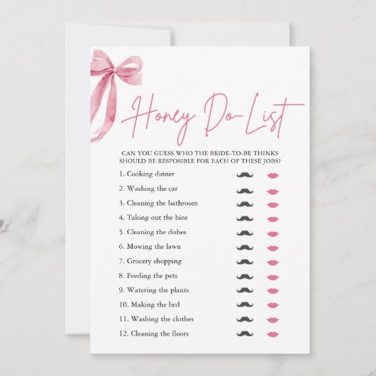 Blush Pink Bow Honey Do List Vrijgezellenfeest spe Kaart (Voorkant)