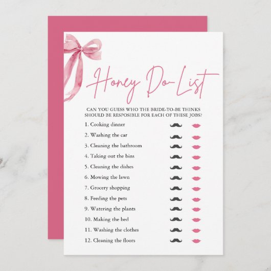 Blush Pink Bow Honey Do List Vrijgezellenfeest spe Kaart (Voorkant / Achterkant)