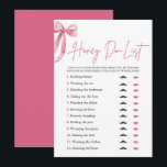 Blush Pink Bow Honey Do List Vrijgezellenfeest spe Kaart<br><div class="desc">Haal iedereen betrokken bij onze Blush Pink Bow "She's Tying the Knot" Honey Do List Vrijgezellenfeest Game. Gasten zullen genieten van het voltooien van leuke en eigenzinnige taken uit de honing-do lijst, het toevoegen van lachen en opwinding aan de viering. Met zijn charmante blush roze boog ontwerp, dit spel voegt...</div>