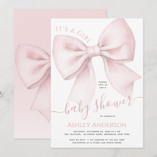 Blush Pink Bow It's a Girl Baby Shower Kaart