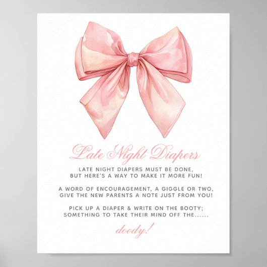 Blush Pink Bow Late Night Luiers Baby shower Poster (Voorkant)