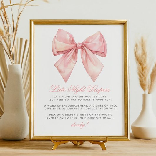 Blush Pink Bow Late Night Luiers Baby shower Poster