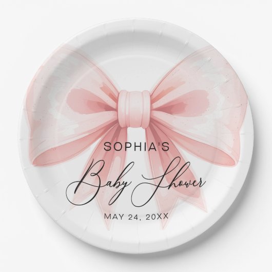 Blush Pink Bow Modern Baby shower Papieren Bordje (Voorkant)