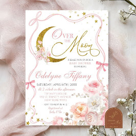 Blush Pink Bow Over The Moon Girl Baby shower Kaart