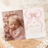Blush Pink Bow Photo Baptism Thank you Card Kaart