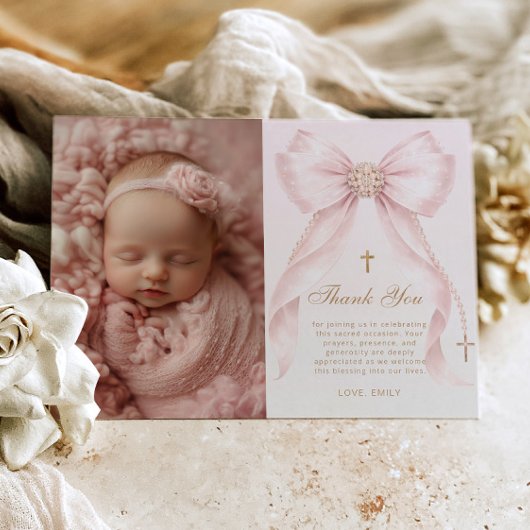 Blush Pink Bow Photo Baptism Thank you Card Kaart
