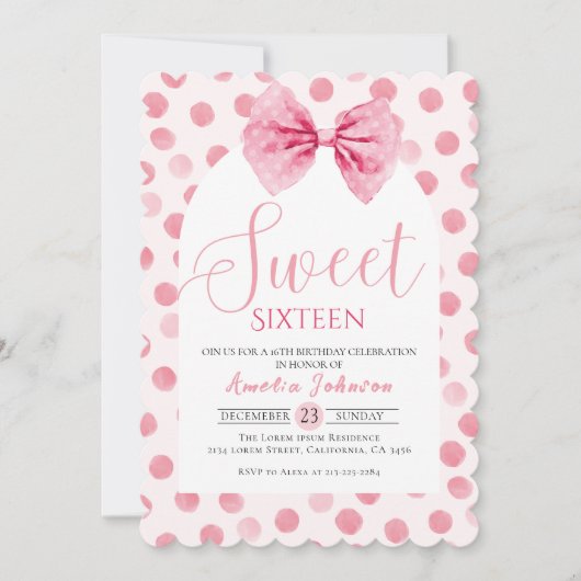 Blush Pink Bow polka dots Sweet zestien verjaardag Kaart (Voorkant)